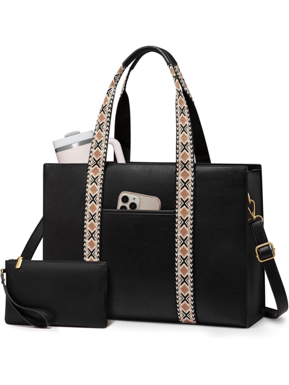 Black Tote laptop Bag with Patterned Straps